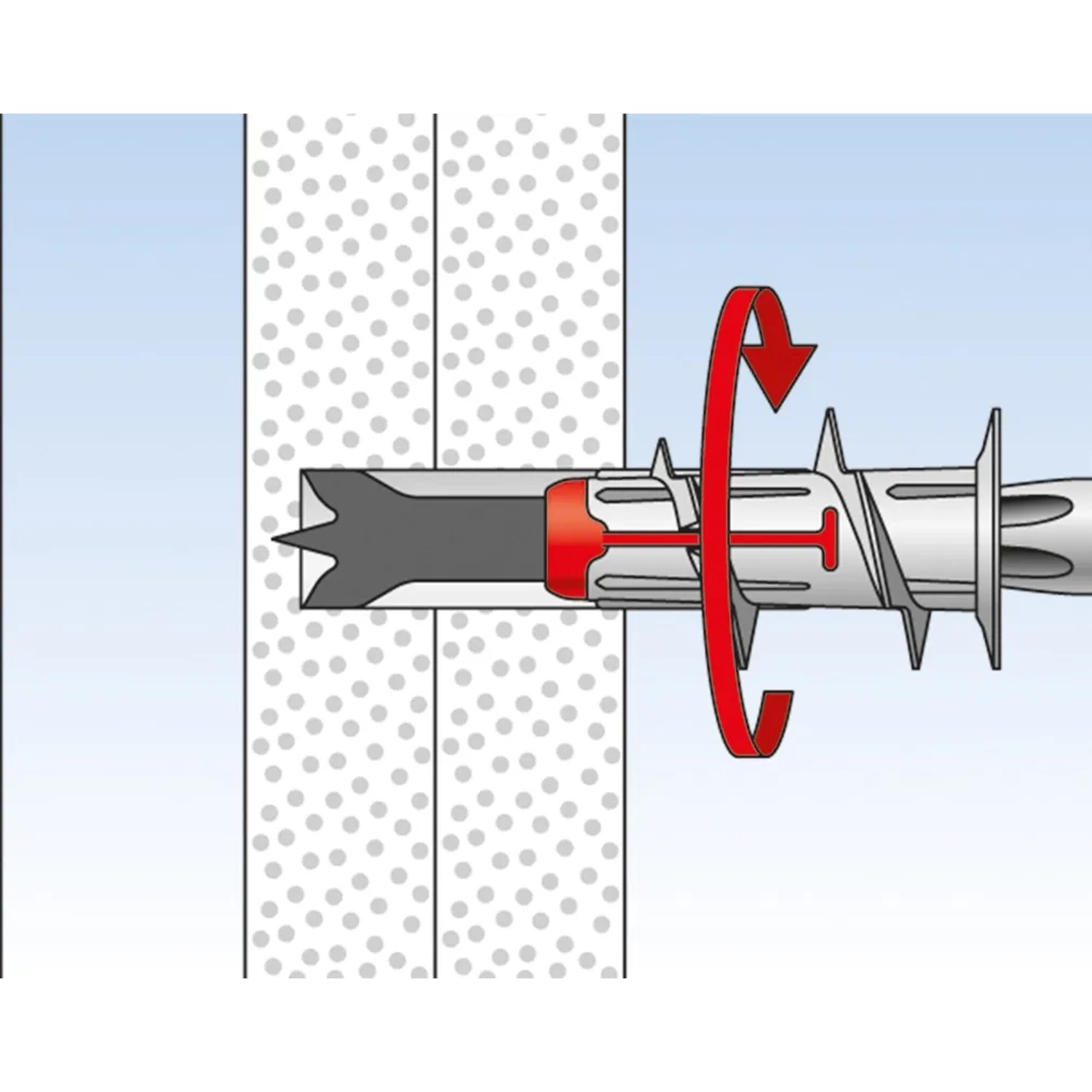 Illustration: Fischer Duoblade Gipskartondübel wird in Gipskartonplatte gedreht.