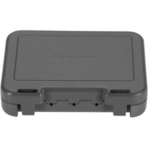 Graue Gardena Kabelverbinder-Schutzbox für Mähroboter-Zubehör.