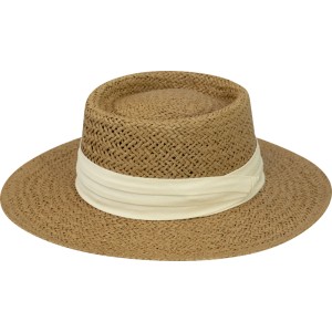Brauner Damen Strohhut mit beigem Textilband. Klassischer Boater-Sonnenhut aus geflochtenem Material, Gr. 57-59.