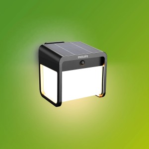 Schwarze Philips Solar Wandleuchte Ezra mit integriertem Solarpanel für den Aussenbereich.