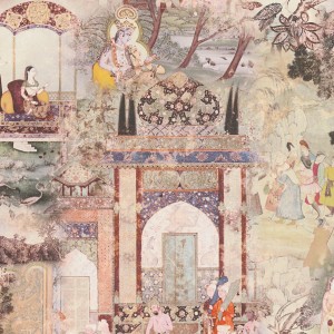 PROFHOME Vliestapete mit Architektur- und Tiermotiven in Grün, Beige, Braun und Grau.