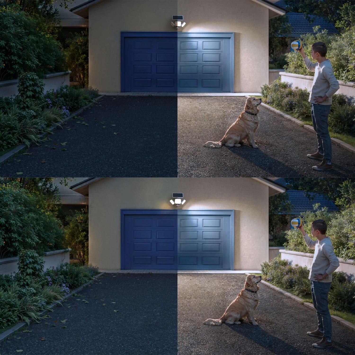 Philips Solar-LED-Außenstrahler Zyren: Vergleich Tag/Nacht, beleuchtete Garage, Kind und Hund.