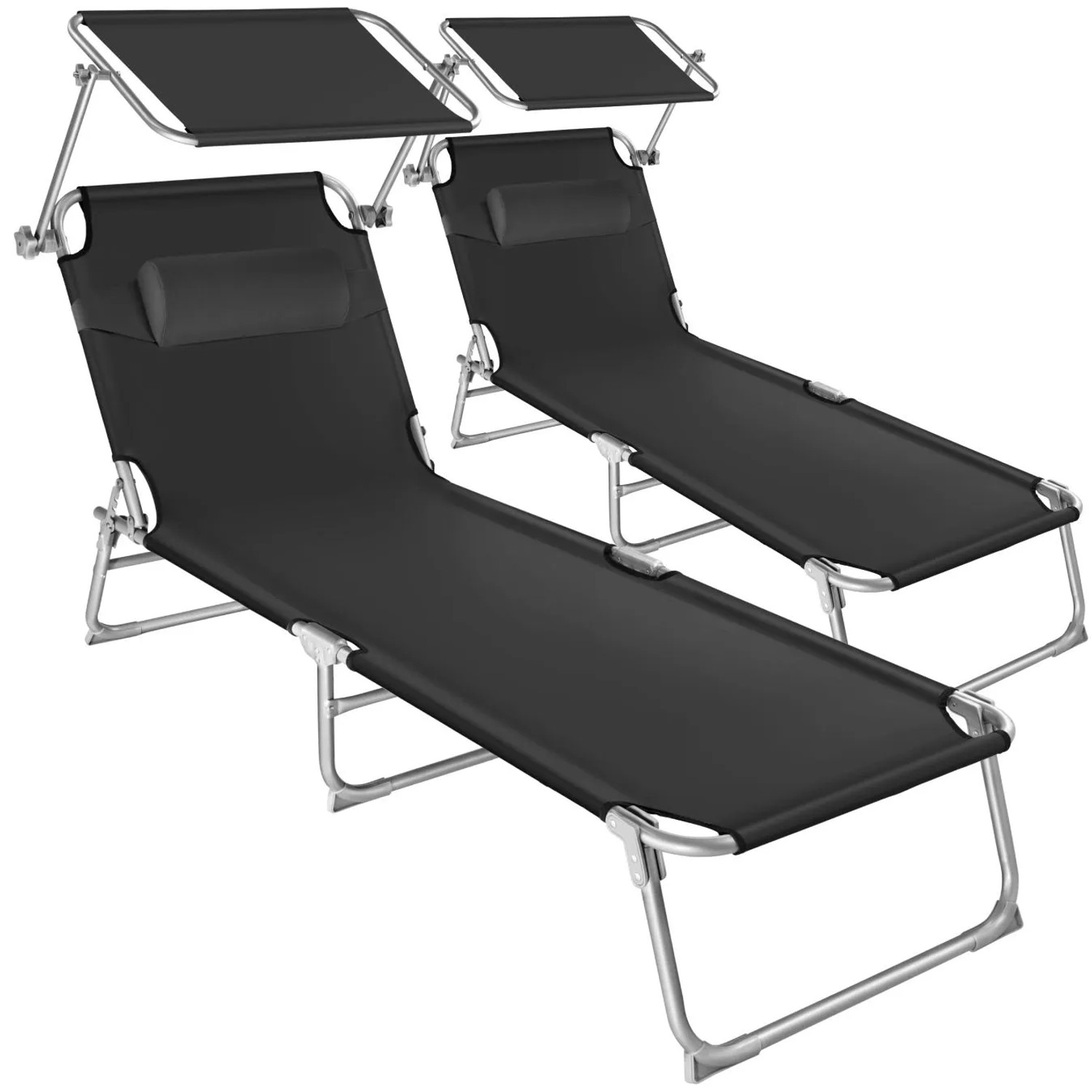 Tectake 2Er Set Gartenliege Chloé Klappbar Stufenlos Verstellbares Sonnendach  190 x 68 x 65 cm Schwarz