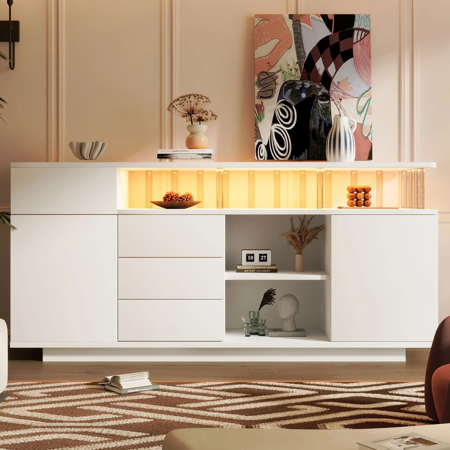 Weißes Merax Sideboard 160 cm mit LED Beleuchtung, Acrylstützen, Schubladen, Schränken und offenem Stauraum.