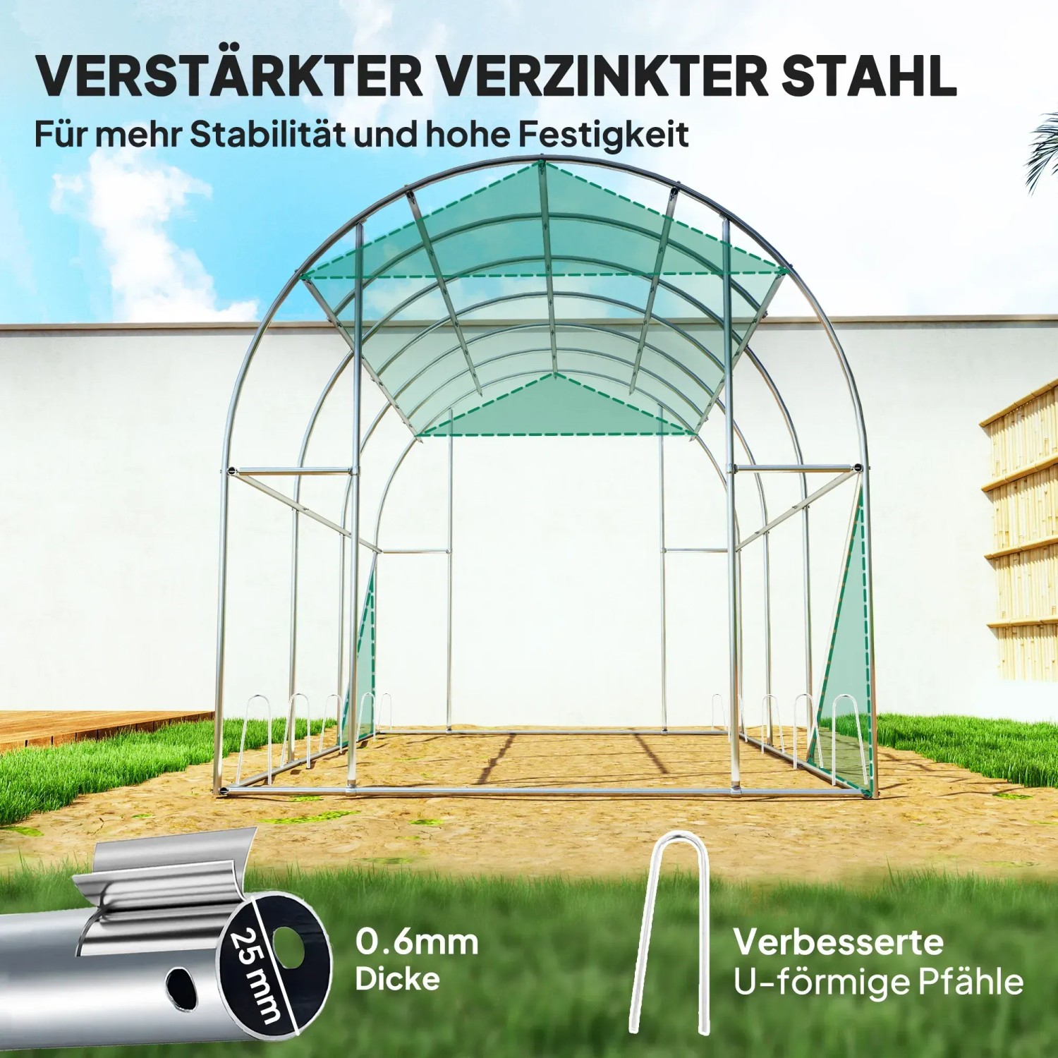 Outsunny Folientunnel: Detailaufnahme von Stahlrahmen, U-förmigen Erdankern und Materialstärke.