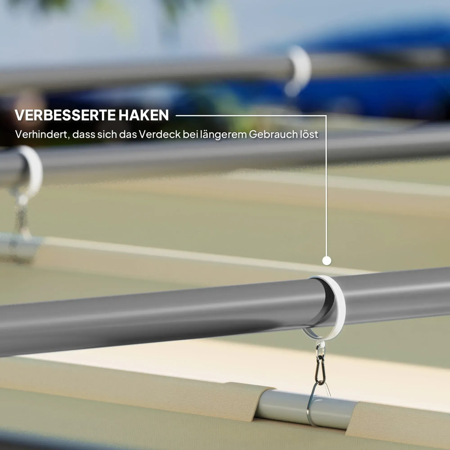 Detailaufnahme der verbesserten Haken der beigen Outsunny Pergola, die das Verrutschen des Verdecks verhindern.
