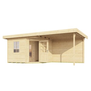 Weka Saunahaus Salo Sparset mit Anbau und Sichtschutzwand aus naturbelassenem Holz.