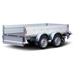 Stema Anhänger Basic ST 1500-25-13.2, gebremster Autoanhänger mit Doppelachse und silbernen Bordwänden.