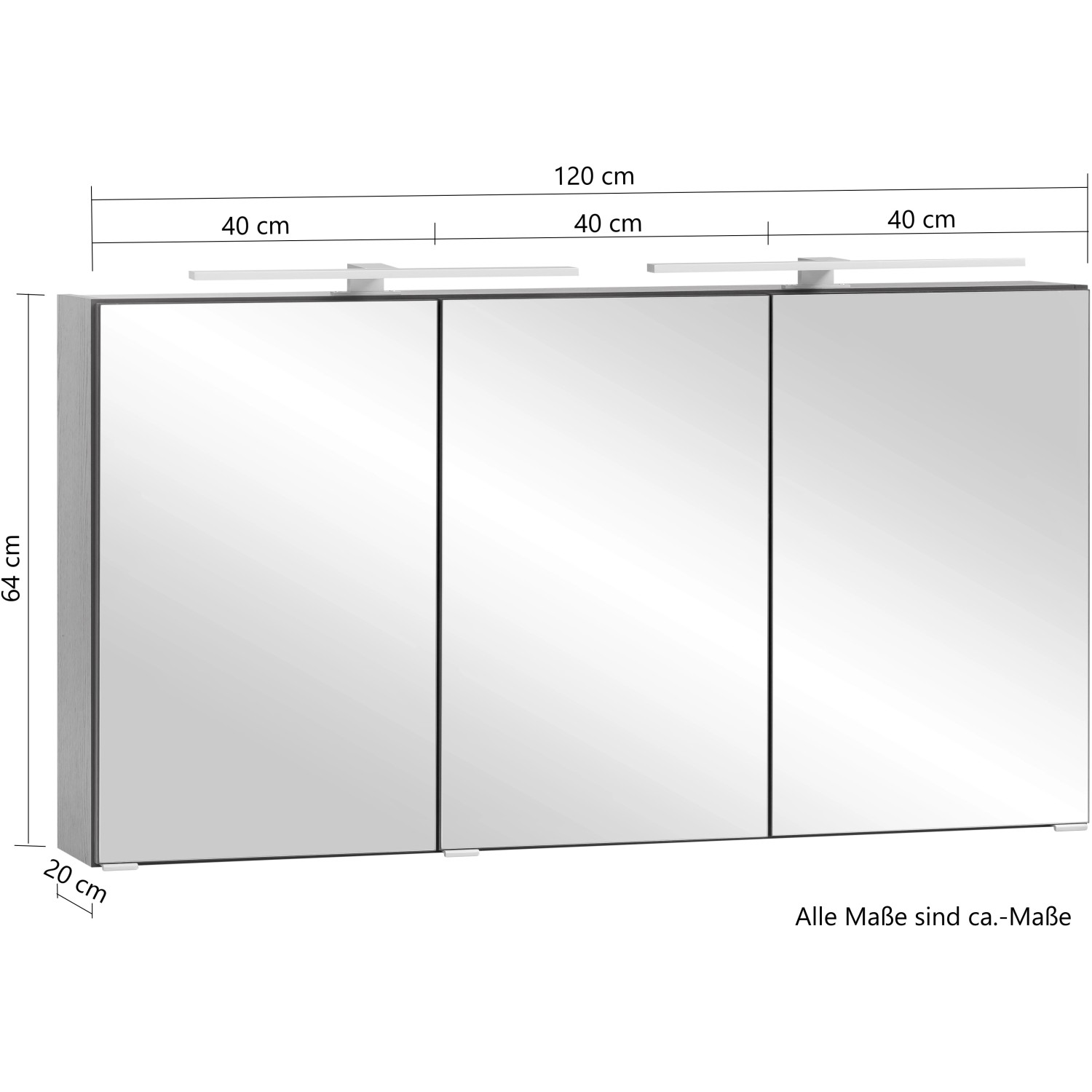 Held Möbel Spiegelschrank Trient, 120 cm breit, grau, mit drei Spiegeltüren und LED-Leuchten.