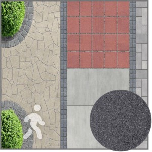 Terralith Drän Pflasterfugenmörtel Anthrazit Basalt für Gehwege & Terrassen. Verschiedene Pflasterungen mit dunklen Fugen, Detailansicht des Mörtels.