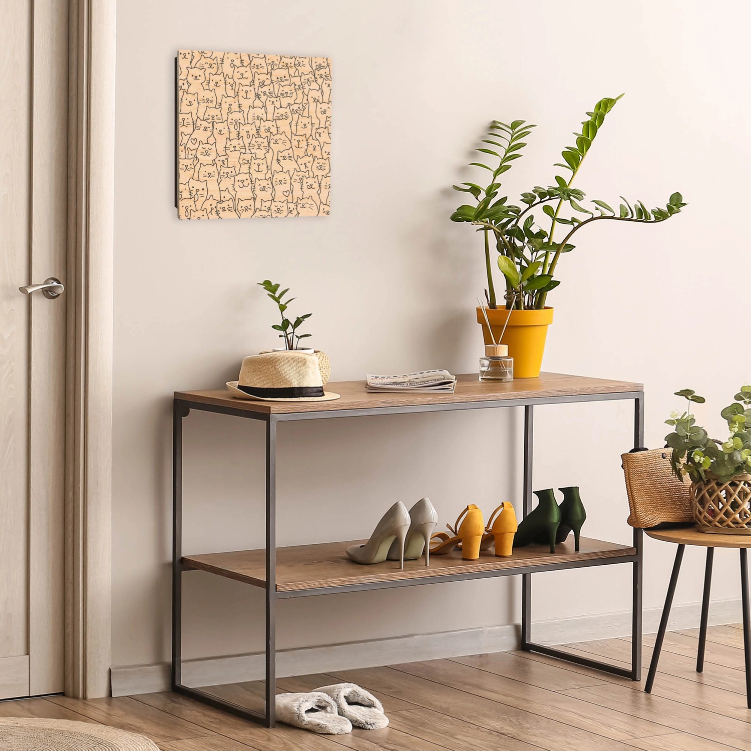 Banjado Schlüsselkasten Holz Katzenparade, 30x30cm, mit 50 Haken zur Schlüsselaufbewahrung im Flur.