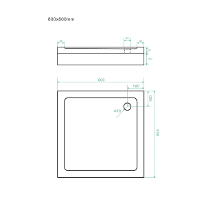 Technische Zeichnung: Quadratische Duschtasse 80x80 cm mit Ablauf, Seiten- und Draufsicht.