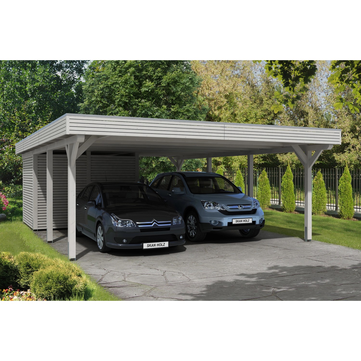 Skan Holz Carport Spessart 611 cm x 846 cm mit Abstellraum Weiß günstig online kaufen