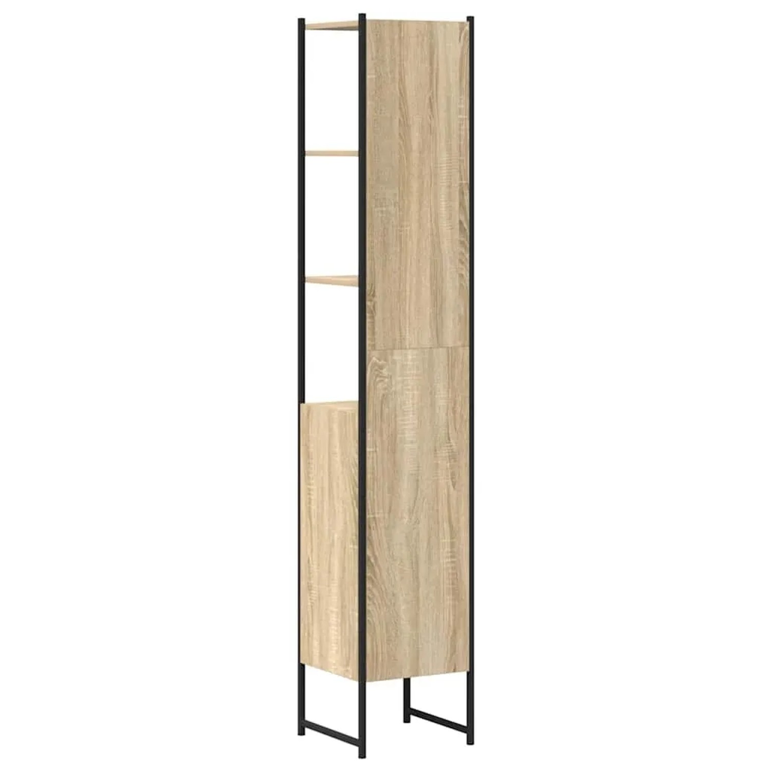 Moderner vidaXL Bad-Hochschrank Sonoma aus Holzwerkstoff mit schwarzem Stahlrahmen, offenen Regalen und Tür.