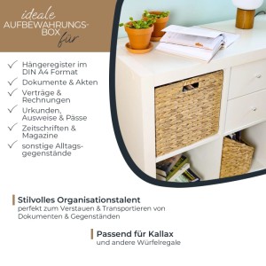 HMF 37246 Aufbewahrungskorb DIN A4 Hängeregister Korb Geflochten Wasserhyazinthe zu Kallax 33 x 38 x 32 cm