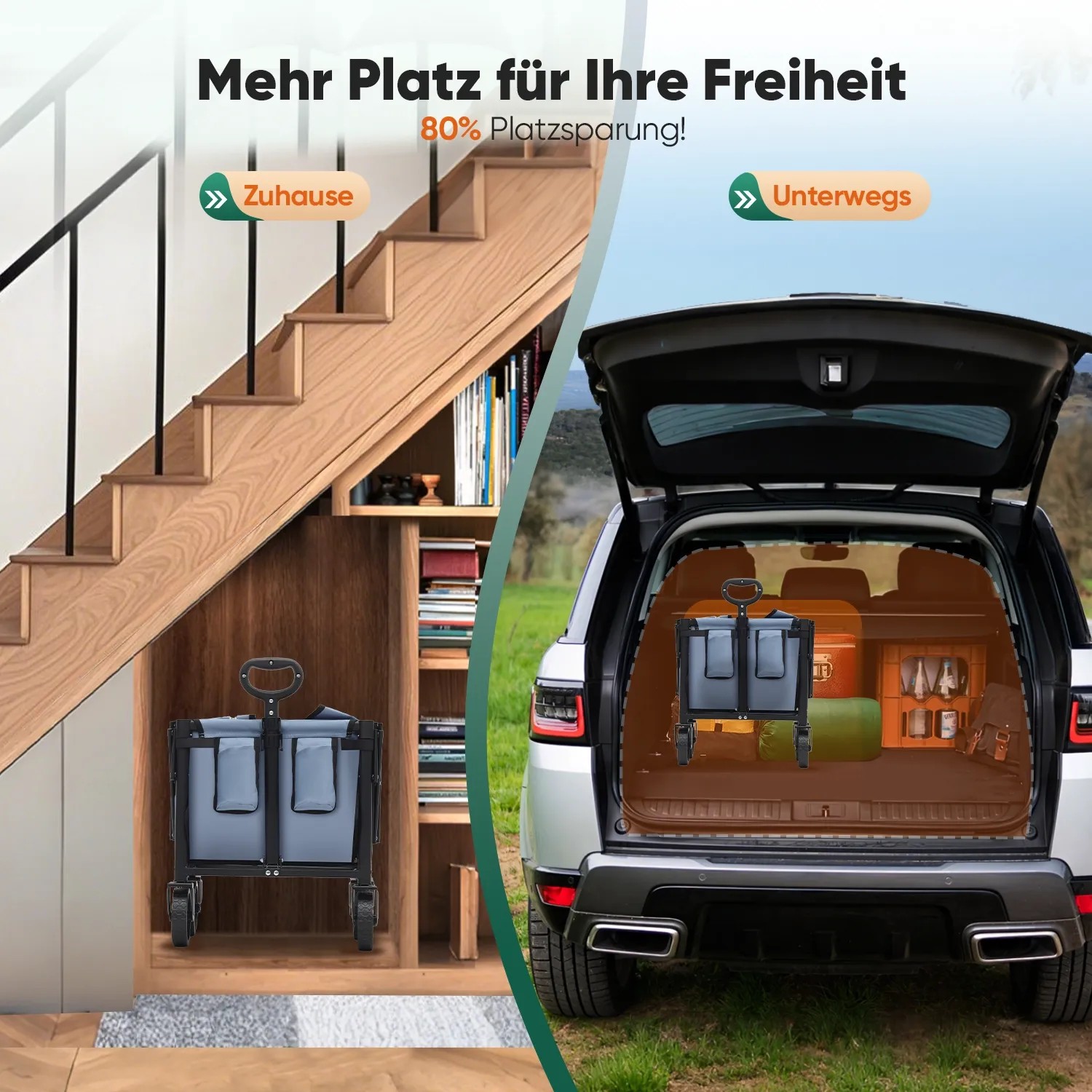 Blauer Sekey Bollerwagen faltbar, platzsparend unter Treppe und im Kofferraum. Kompakter Transporthelfer für Camping & Alltag.
