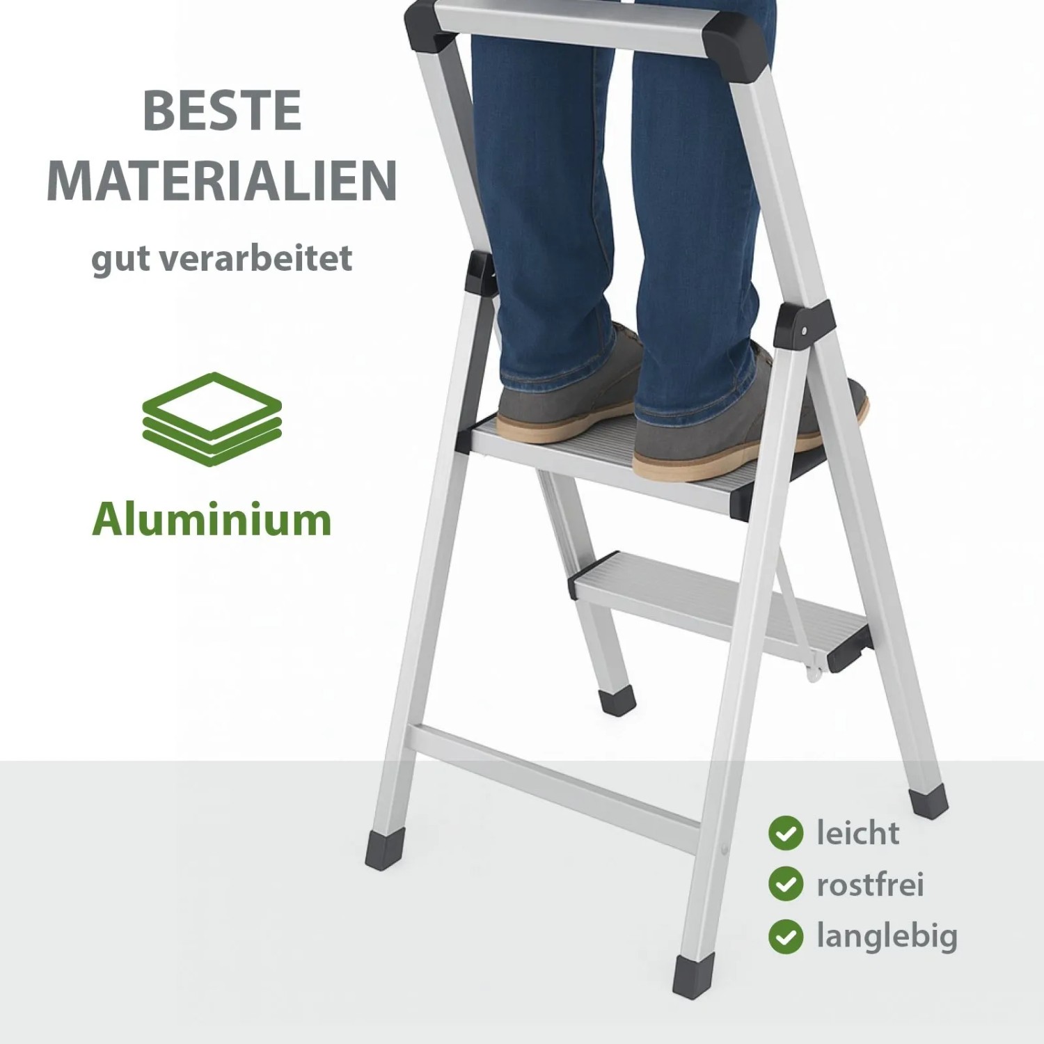 TRUTZHOLM Alu Trittleiter, 2 Stufen, klappbar mit Handlauf, silber.