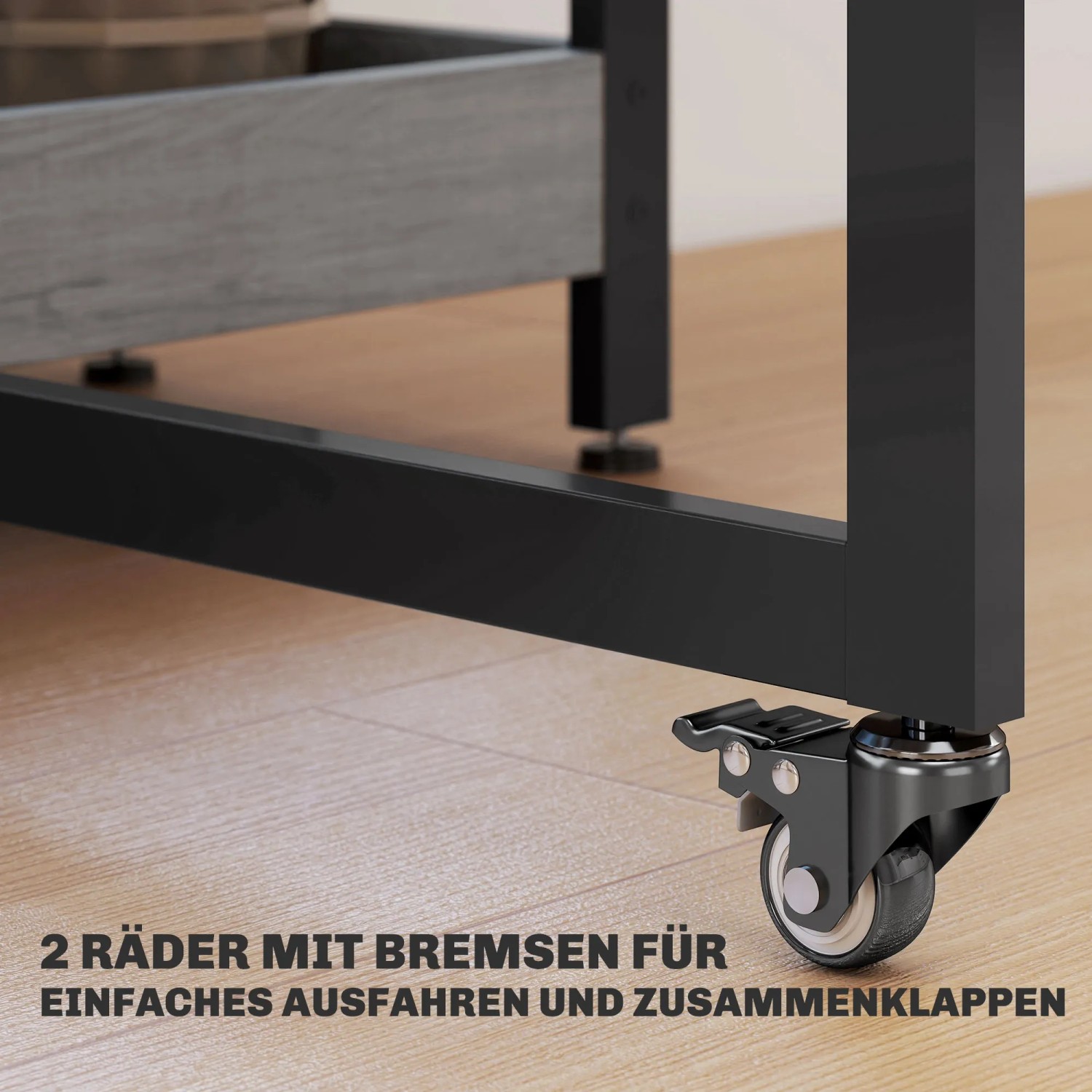 Detailaufnahme: Rollen mit Bremsen am grauen HOMCOM Esstisch aus Metall und Spanplatte.