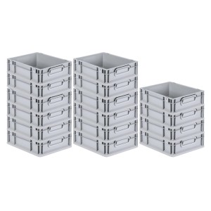 PROREGAL SuperSparSet: 16 graue Euroboxen NextGen Grip, 11 Liter, gestapelt.