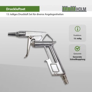 Ausblaspistole aus dem TRUTZHOLM Druckluft Set, Teil eines 13-teiligen Kompressor Zubehör Sets.