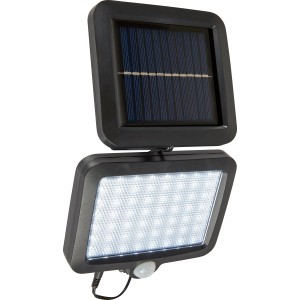 Schwarzer Solar-LED-Außenstrahler mit PIR-Sensor, 15x2,5x13cm. Wandleuchte mit Solarpanel und Bewegungsmelder.