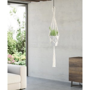 Weiße Makramee Hängeampel (Ø 15 cm) mit Topf und Pflanze, Boho-Stil für Zimmer und Balkon.