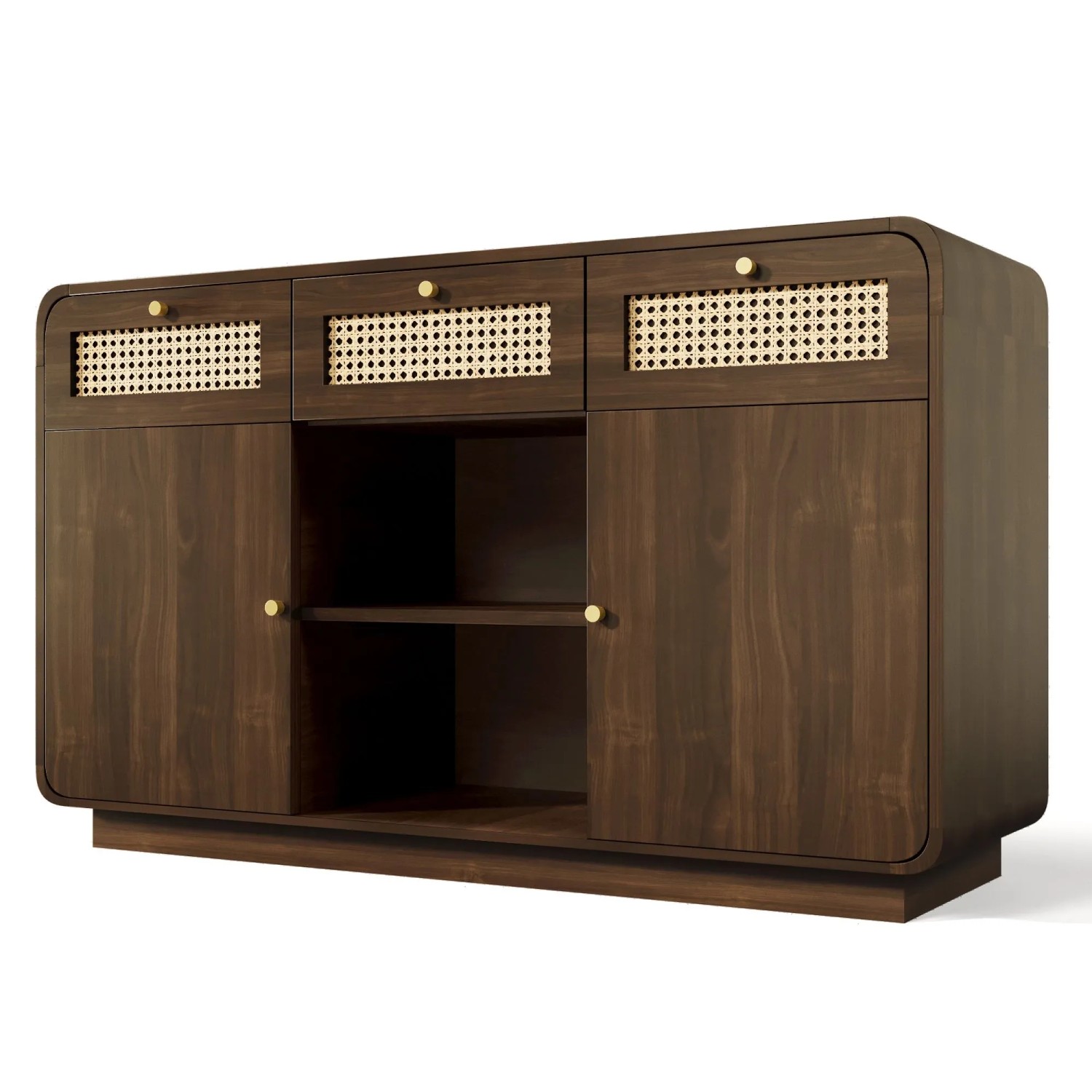 okwish Kommode mit Rattan Gold Griffen Schubladen Wohnraum 120x40x85cm Braun