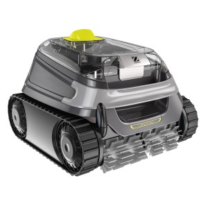 Grauer Zodiac Akku-Poolroboter CBAT CNX-Li 5220 iQ mit Raupenantrieb und gelbem Knopf.