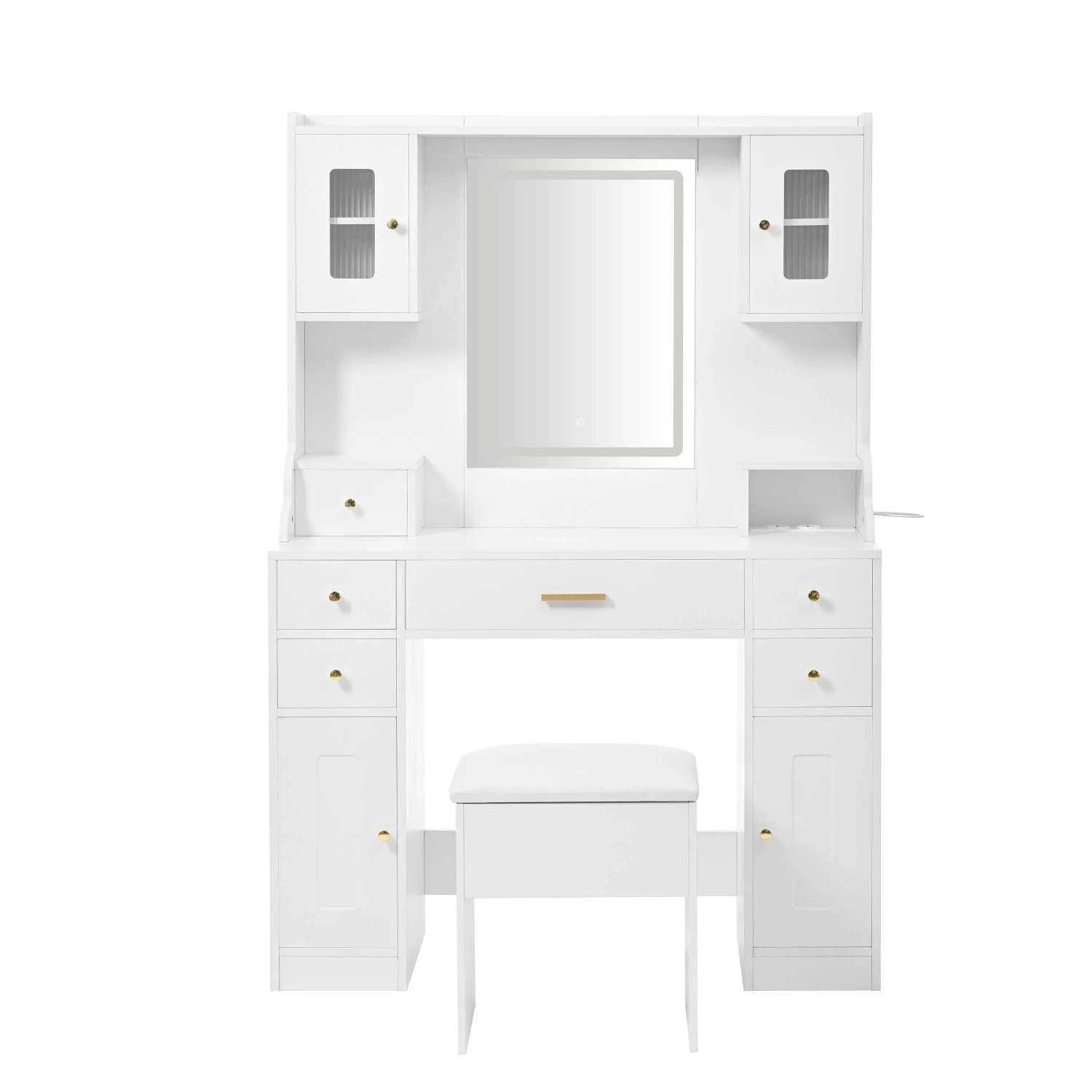 okwish Schminktisch mit LED 6 Schubladen 4 Türen Schlafzimmer 105x152x40cm Weiß
