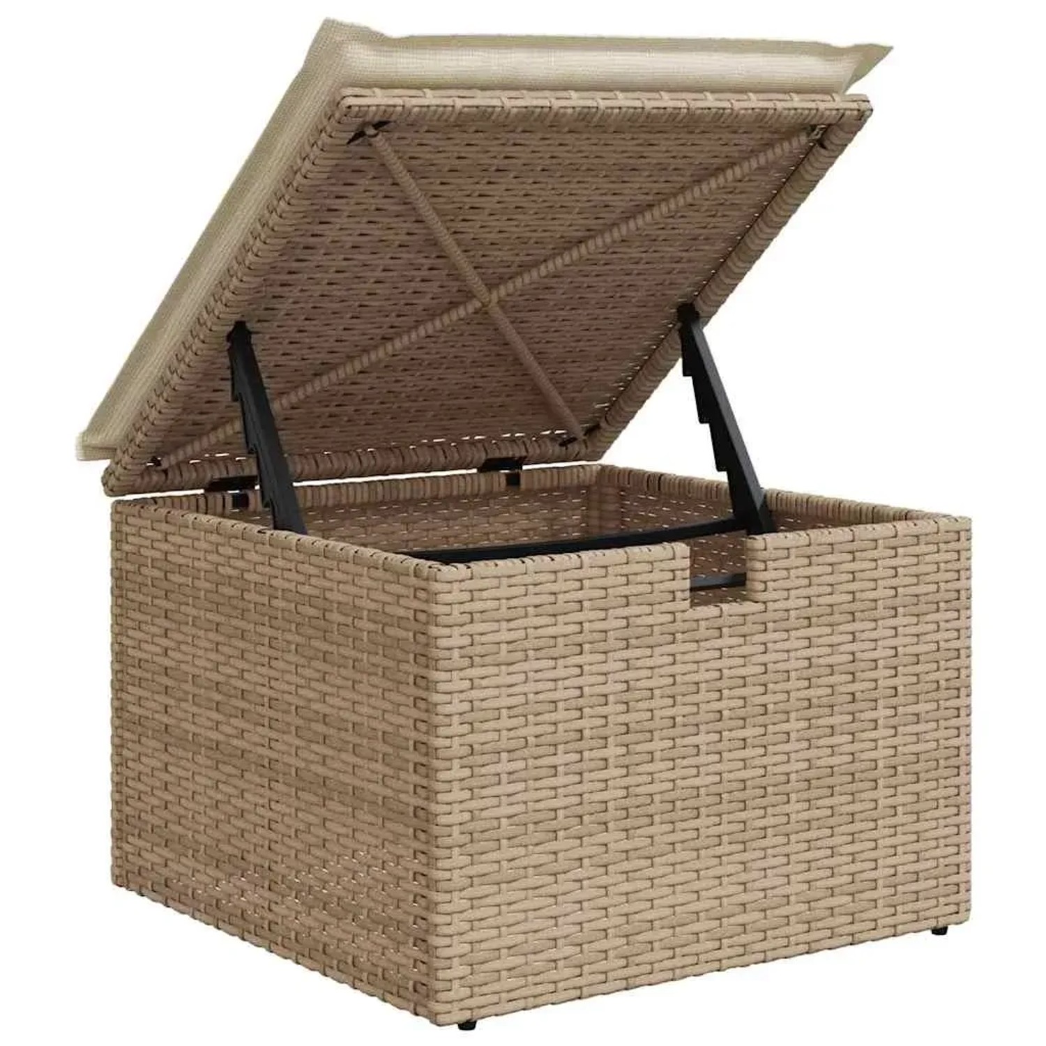Beige Poly Rattan Gartenmöbel: Sofa-Set mit Kissen und Stauraum, 9-teilig.