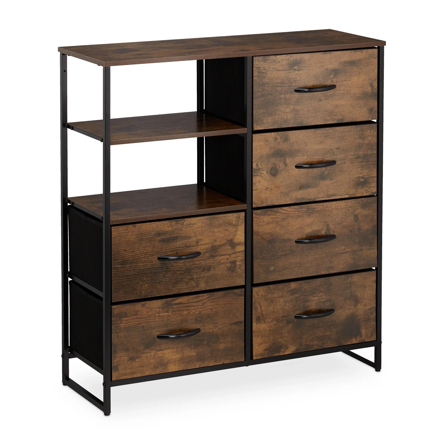 Relaxdays Kommode Stahl MDF Vliesstoff Schwarz Dunkelbraun 6 Schubladen Höhenverstellbar 92 cm x 84 cm x 32 cm 11,5 kg