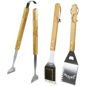 Jim Beam Grillbesteck, 3-teilig: Zange, Wender, Bürste mit Holzgriffen und Edelstahl.