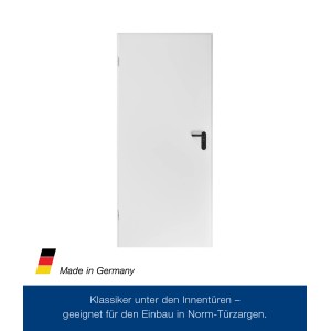 Weiße ZK-Tür mit Eckzarge, 875x1875x55 mm, DIN links, mit schwarzem Türgriff.