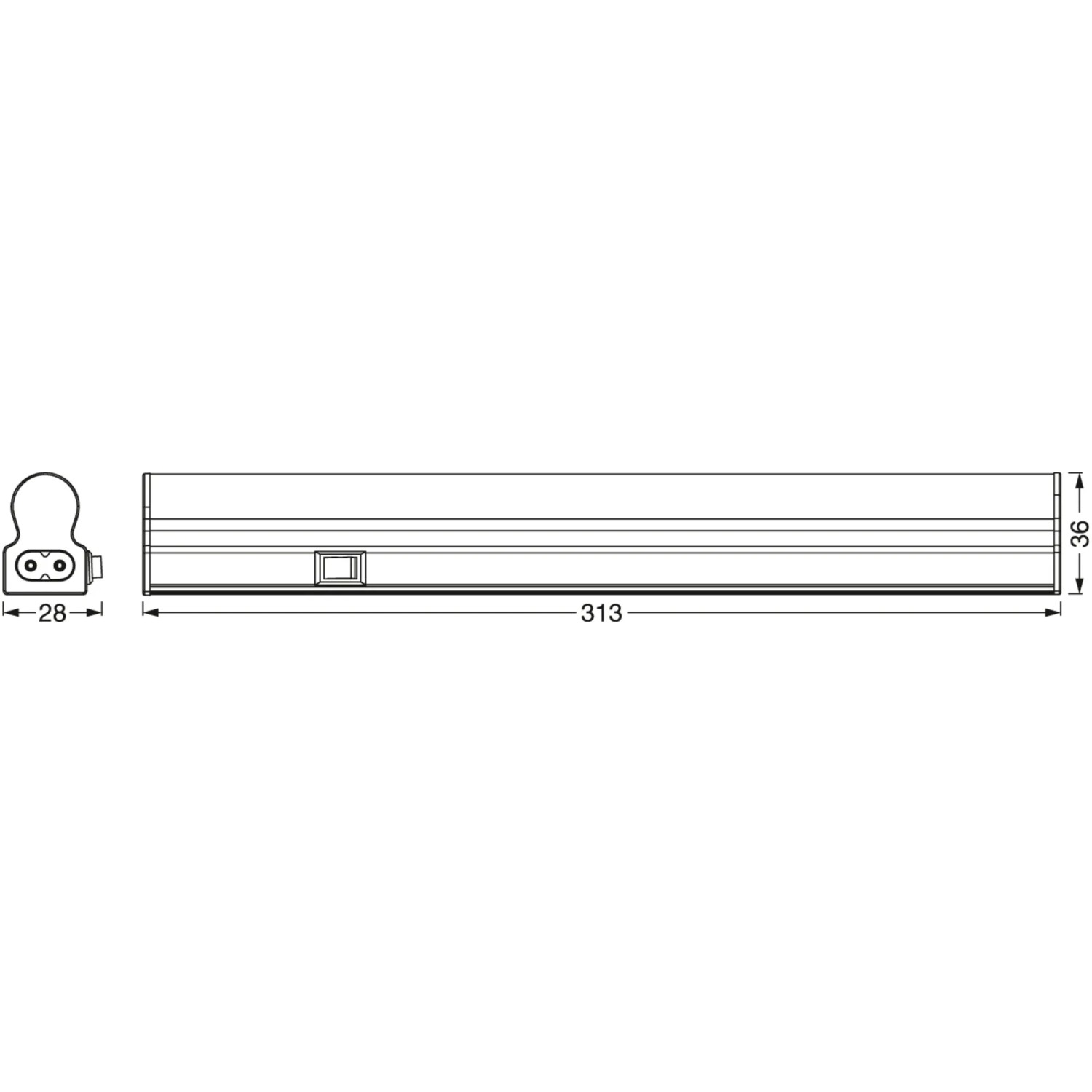 Technische Zeichnung der Ledvance LED-Unterbauleuchte Batten Sensor, 32 cm, mit Maßangaben.