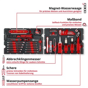 Einhell Werkzeugkoffer Umzug E-Case 79-tlg. mit Werkzeugsortiment, inkl. Hammer, Zangen, Schraubendreher, Wasserwaage und Messband.