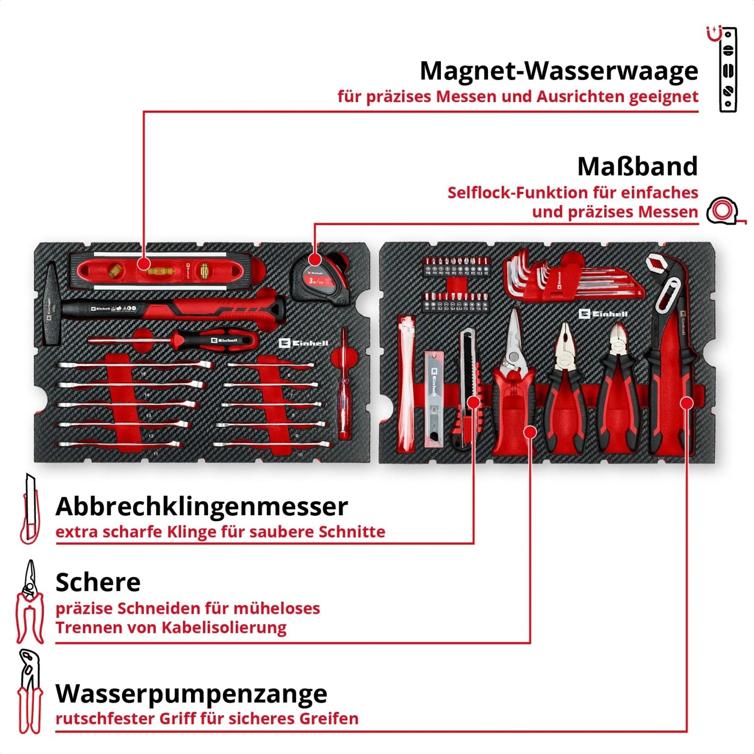 Einhell Werkzeugkoffer Umzug E-Case 79-tlg. mit Werkzeugsortiment, inkl. Hammer, Zangen, Schraubendreher, Wasserwaage und Messband.
