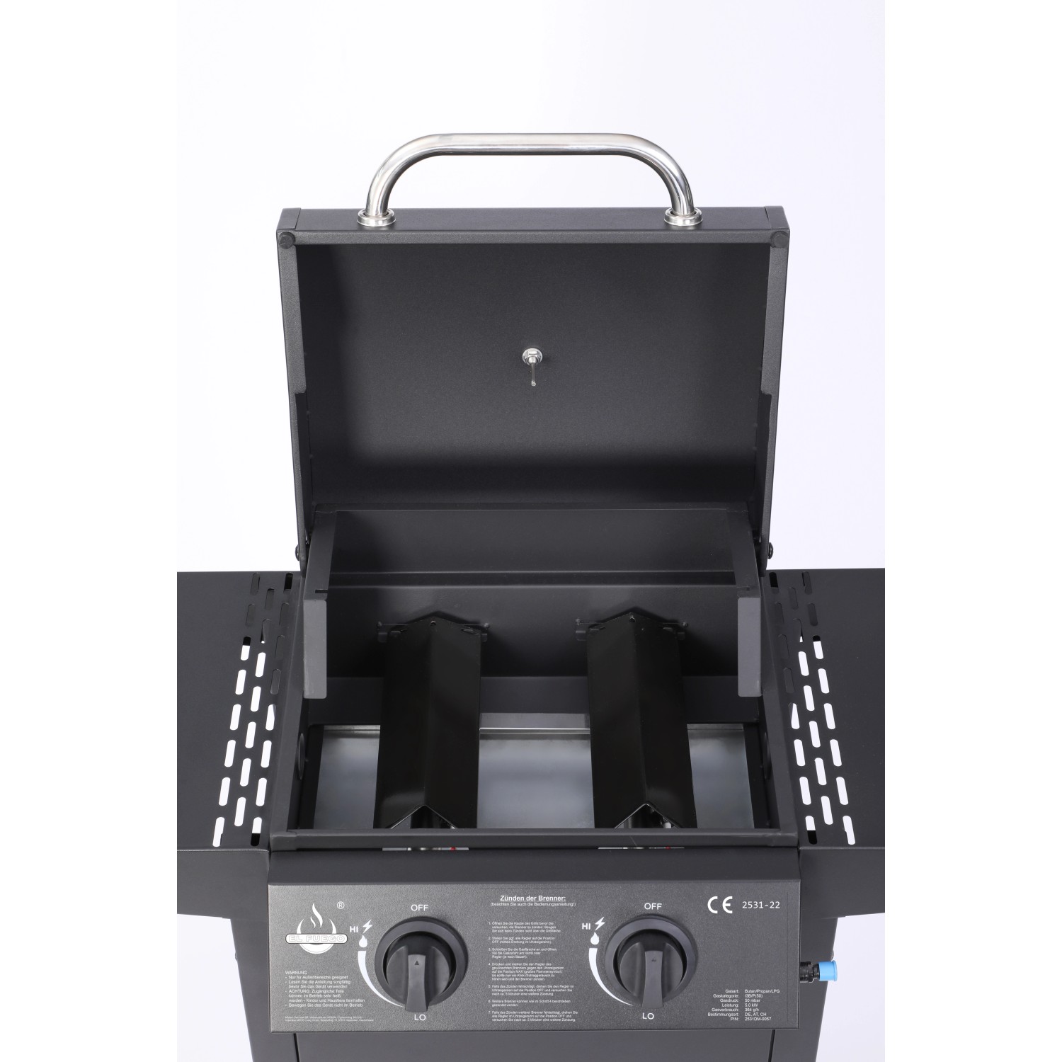 El Fuego Gasgrill San Jose mit 2 Brennern, offen, mit Seitenablage.