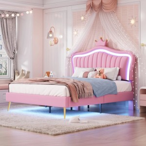 Rosa okwish Polsterbett mit LED-Leuchten, 140x200 cm, für Kinderzimmer.