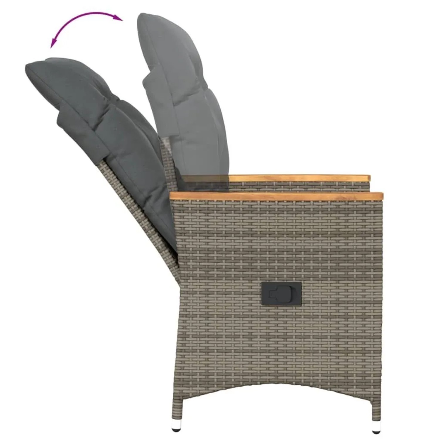 Grauer vidaXL Poly Rattan Gartensessel mit verstellbarer Rückenlehne und Kissen.