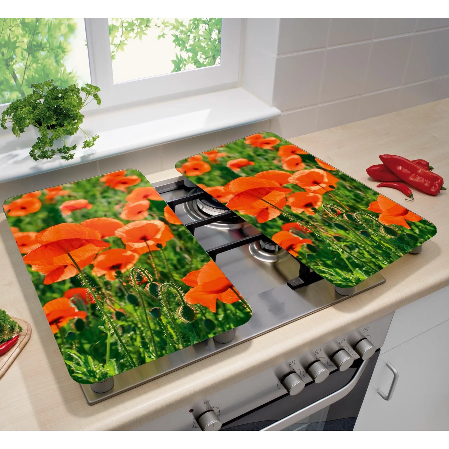 Wenko Herdabdeckplatten Mohnfeld, 2er-Set Universal für alle Herde, mit Mohnblumen-Motiv.