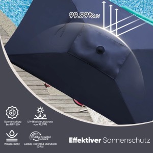 Rechteckiger, dunkelblauer Sekey Sonnenschirm aus Aluminium, geknickt, mit UV-Schutz.