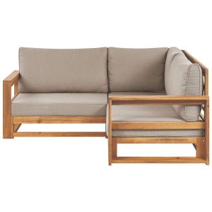 Beliani Gartensofa, helles Holz mit graubeigen Kissen, Ecksofa für Terrasse und Garten.