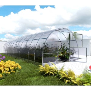 Klasika Greenhouses Easy Gewächshaus, 24m², mit Polycarbonatabdeckung und geöffneten Türen.