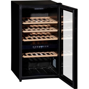 Wolkenstein Weintemperierschrank WTS49DW, schwarzer Weinkühlschrank mit Holzeinlegeböden und Glastür.