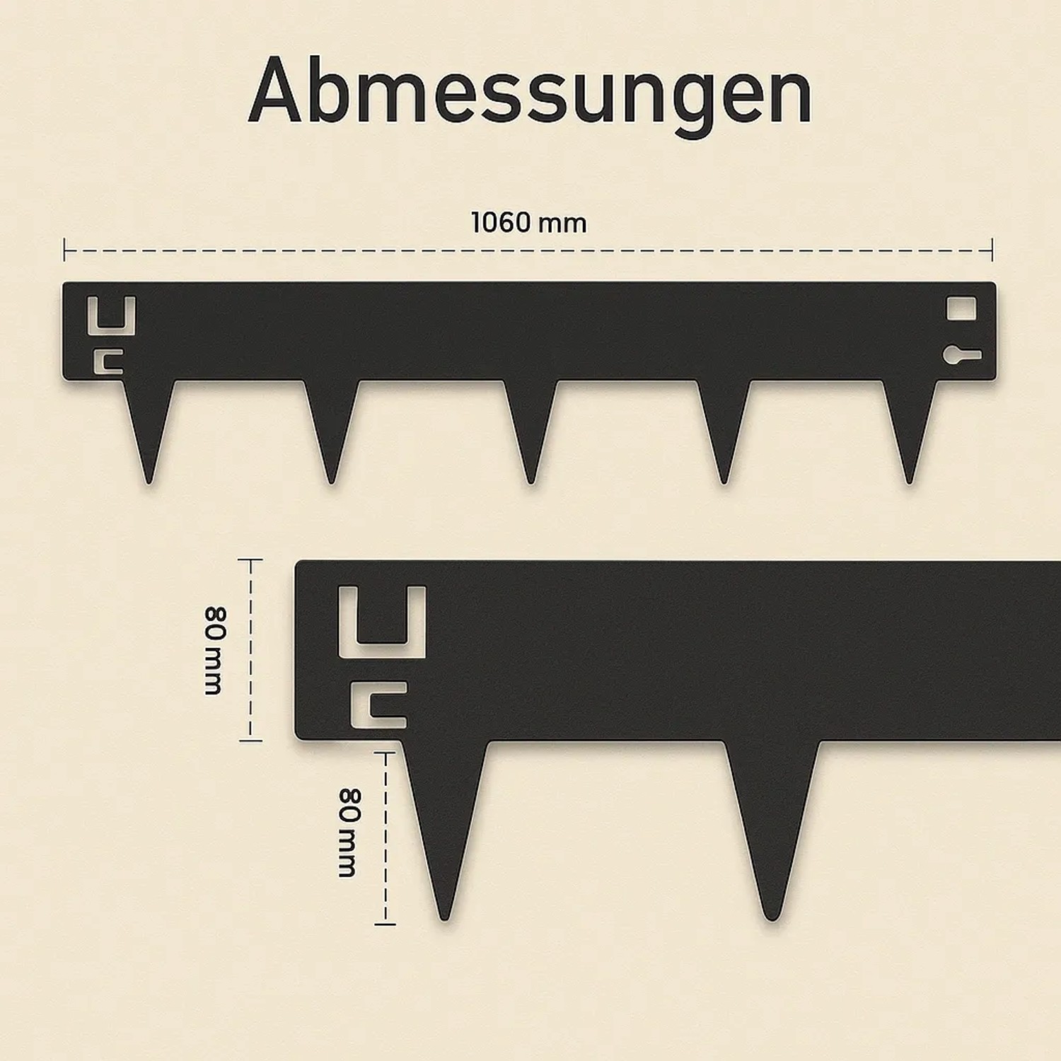 Anthrazit lackierte Rasenkante aus verzinktem Stahl, Maße: 1060x160 mm. Für Beeteinfassung.