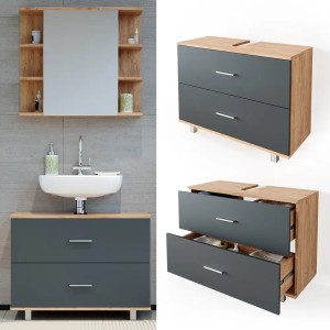 Vicco Waschbeckenunterschrank Ilias, Eiche/Anthrazit, 80 cm breit, mit zwei Schubladen.