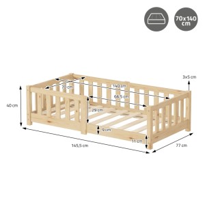 ML-Design Kinderbett 70x140 cm aus Naturholz mit Rausfallschutz. Technische Zeichnung mit Maßen.