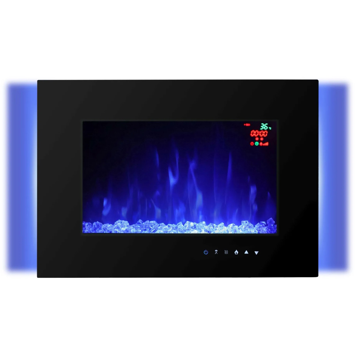 Schwarzer El Fuego Elektrokamin Aarau II mit blauem Flammeneffekt und LED-Beleuchtung.