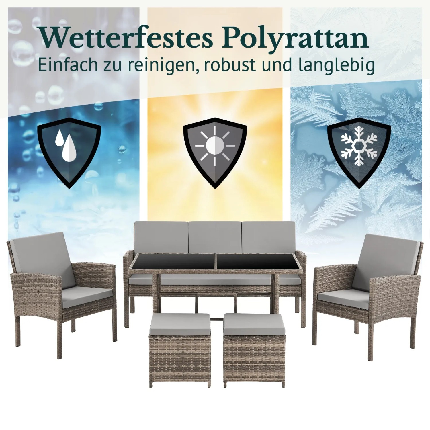 Svita Denver Gartenmöbel Set aus Polyrattan, braune Lounge-Gruppe mit Esstisch und grauen Kissen.