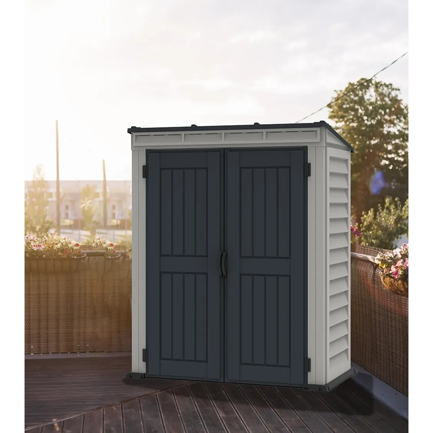 Duramax Kunststoff-Gartenhaus YardMate Pent, graues Gerätehaus mit Doppeltür, 1,6 m² Grundfläche.